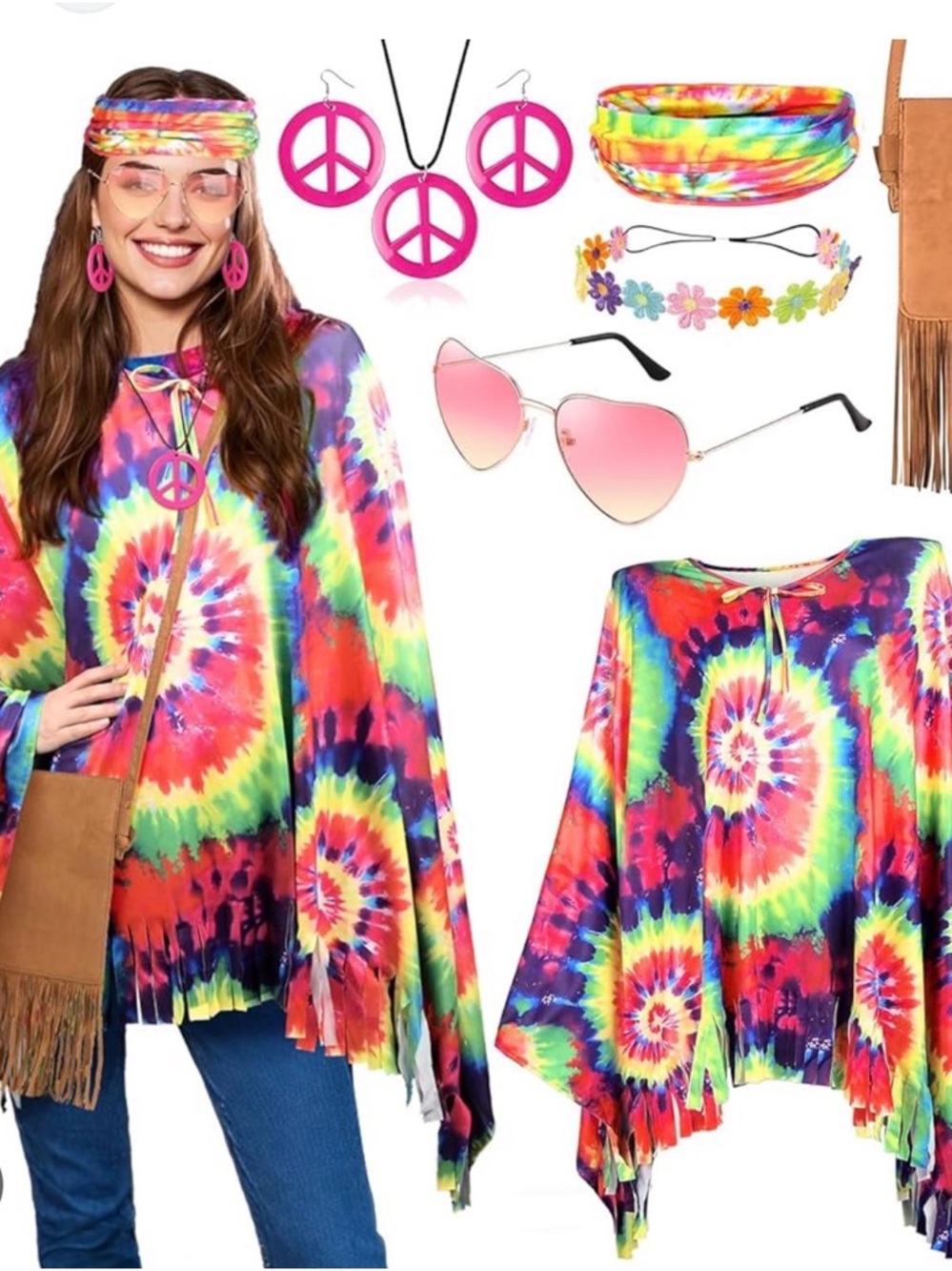Women's Multicolor Tie-Dye Fringe Poncho Top - Vibrant Rainbow
